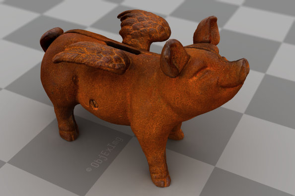 Rendered model of a rusty piggy bank; model created by ObjExImg from a series of photos