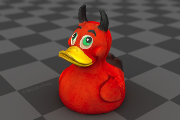Rendered model of a red rubber duck; model created by ObjExImg from a series of photos