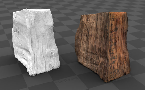 Rendered model of a wooden sculpture; model created by ObjExImg from a series of photos